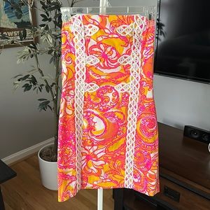 Lilly Pulitzer orange and pink strapless embroidered shift dress. Size 6